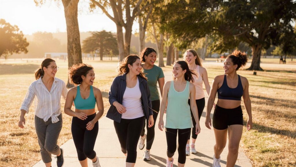 Women laughing and walking together at a Confident Girl Walk