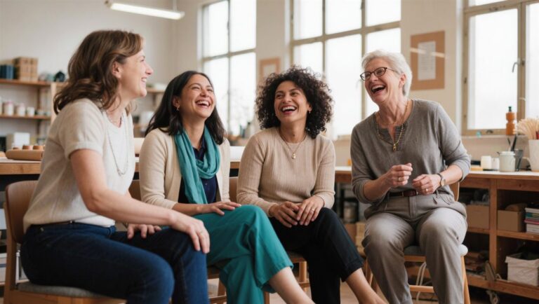 A small circle of women laughing together in a community workshop